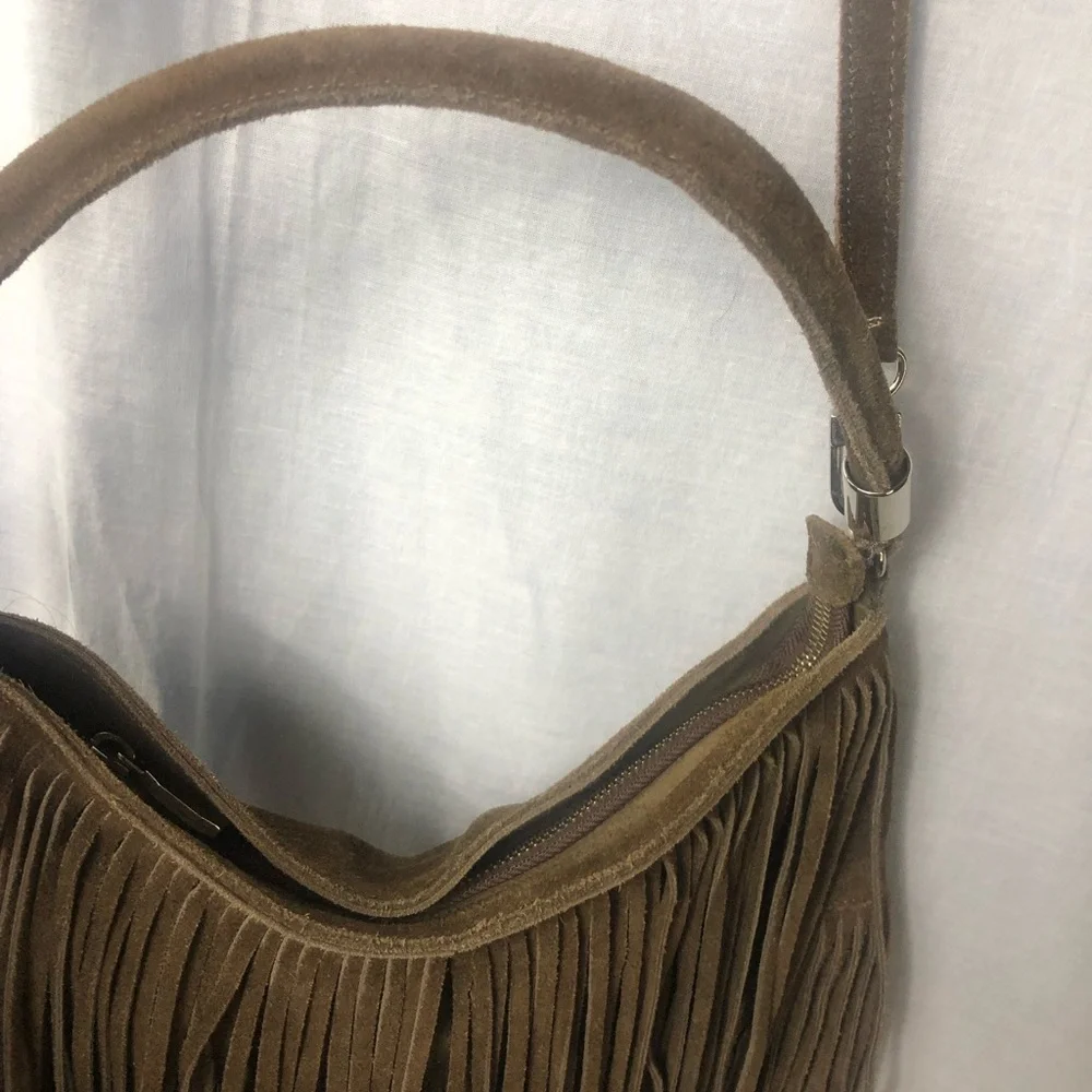 Prune Brown Suede Fringe Hobo Bag